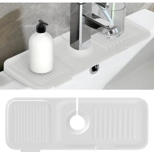 Toovem Kitchen Faucet Sink Splash Guard,14.5x5.5in Silicone Faucet Water Catcher Mat, Faucet Handle Drip Catcher Tray,Soap Sponge Holder for Kitchen, Bathroom, Farmhouse, Countertop Protect, Clear