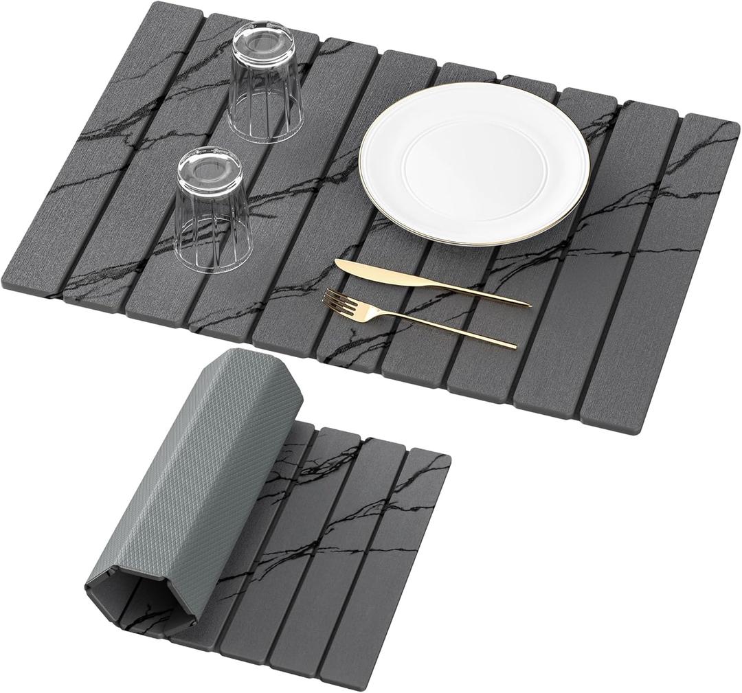 Yofidra Large Stone Dish Drying Mat for Kitchen Counter, Quick Dry Stone Mats with Absorbent Diatomaceous Earth, Foldable Roll Up Drying Organizer Pad for Utensils Plate, 24"×16", Dark Gray Marble