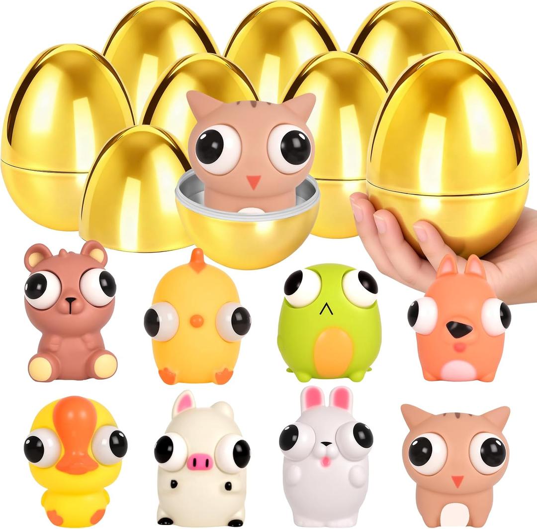 HIKISS 8 Pack Jumbo Golden Easter Eggs Fillers with Eye-Pop Fidget Toys, Easter Eggs Basket Stuffers Fillers, Stress Relief Squeeze Toys for Kids Boys Girls Easter Eggs Hunt Party Favors