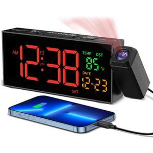 Netzu Projection Clock for Bedroom Ceiling, Alarm Clocks with 180 Rotatable Projector, Date Temperature and Weekday, Manual DST, 5 Brightness, 10 Ringtones, 4 Volumes and Snooze (Black and Red)