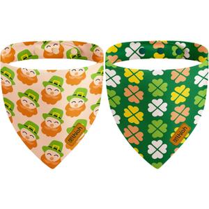 St. Patrick's Day Dog Bandanas with Snap Button, 2 Pack Reversible Green Bandanas for Small, Medium, and Large Dogs, Adjustable Pet St. Patrick's Costume Accessory for Photo Shoot (Large)
