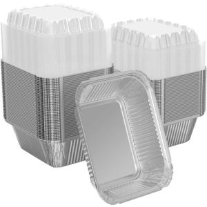 25 Pack 1 lb Rectangular Disposable Aluminum Foil Pan 16 oz Take Out Food Containers with Clear Plastic Dome Lids, for Catering, Baking, Roasting Food