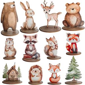 12Pcs Woodland Animal Figurines and Wooden Table Signs Enchanted Forest Decor Rustic Tiered Tray Centerpieces for Baby Shower Birthday Camp Party Supplies Cake and Tabletop Decoration (Forest Animal)
