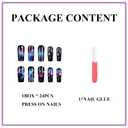 4 x MERVF Long Press on Nails Square Fake Nails Black Glue on Nails Starry Sky Colored Cloud Design Squoval Acrylic Nails for Women Glossy 24pcs