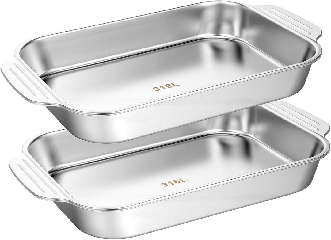 2 Pcs stainless steel baking pans 9 x 13 Inch Rectangle Baking Pan with Handle Bakings Bakeware for Fish Cakes Breads Casseroles Bakeware Set for Bakings Roasting Toaster Oven, 13" X 9" X 2.17"