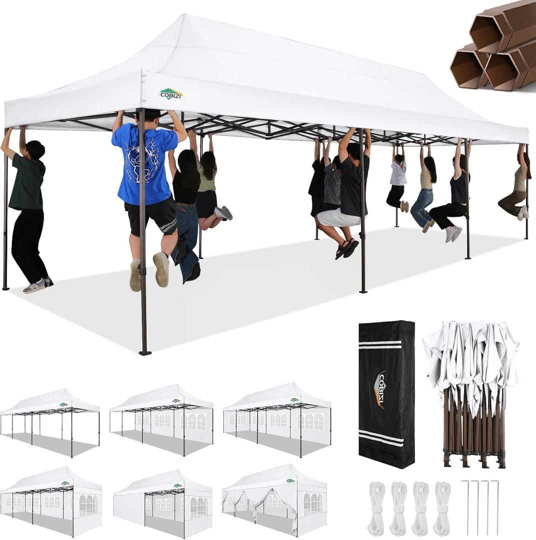 COBIZI 10x30 Pop Up Canopy Tent Heavy Duty with 8 Removable Sidewalls, Commercial Portable Tents for Parties Ez Up Canopy All-Weather Windproof & Waterproof and UPF 80+ Wedding Tent Sun Shelter (White)
