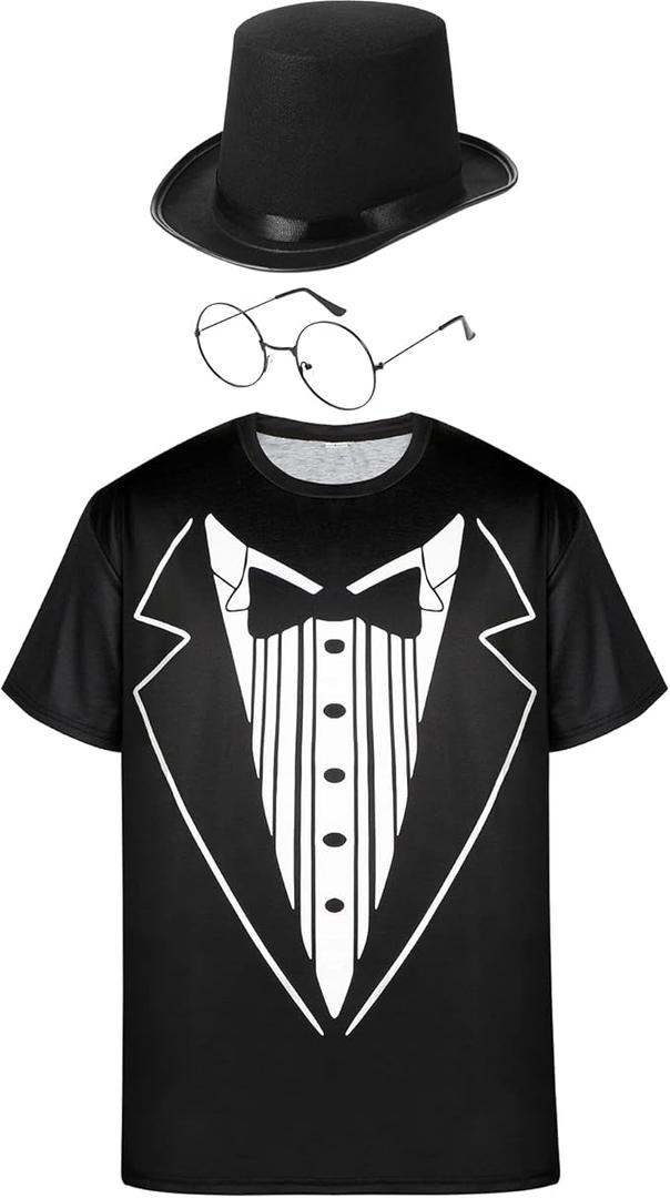 Tuxedo White Funny Men's T Shirt Classic Party Humor Vintage Shirt with Hats Black Top Hat and Metal Frame Glasses, M Tuxedo White Funny Men's T Shirt Classic Party Humor Vintage Shirt with Hats Black Top Hat and Metal Frame Glasses, M