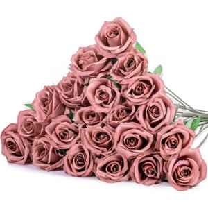Hotop 20 Pcs Artificial Rose Flowers with Long Stem,Real Touch Silk Realistic Plastic Bouquet Roses Bulk for Home Decor Bridal Wedding Party Table Centerpieces Decorations(Dusty)