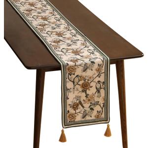 ISAENNE Designer Vintage Beige Linen Table Runner 87 Inches Long, Elegant Floral and Bird Pattern Decor Table Runners for Dining Tables, Thanksgiving,Christmas, Banquet,Party,12"*87"