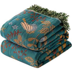 Boho Throw Blanket for Bed 100% Cotton Soft Quilt Spring Lightweight Blanket Bird Floral Embroidery Room Decor Twin Bed Blankets,60"x80" All Season Breathable Throw for Sofa&Couch Chair