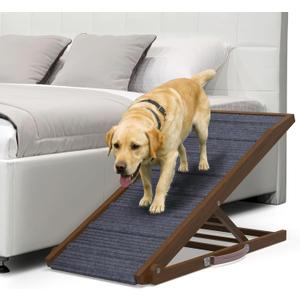 PATHOSIO Dog Ramp for Bed Portable and Folding Dog Ramp for Couch, for All Breeds Real Wooden Ramp for Dogs to Get on Bed, Adjustable Large Ramp (Walnut Wood - Grey Carpet, Large)