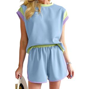 SHEWIN Women's Two Piece Lounge Sets Casual Short Sleeve Pullover Tops Matching Shorts Loungewear Tracksuit Set Small