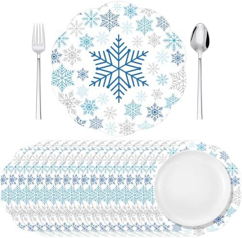 Moinchore 100 Pack Snowflake Paper Placemats Disposable Christmas Round Place Mats 13 Inch Blue Snowflake Decorative Table Mats Bulk for Christmas Xmas Winter Holiday Party Supplies Table Setting
