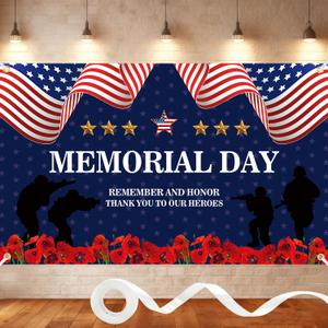 Memorial Day Banner 6x4FT Patriotic Backdrop with Ribbon, Polyester Memorial Day Decorations Banner with 4 Brass Grommets for Remember and Honor Party Photography Indoor Outdoor Decor