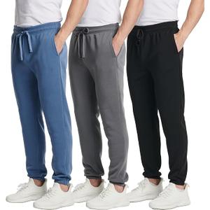 Real Essentials Men's 3-Pack Fleece Joggers with Elastic Bottoms and Pockets, L