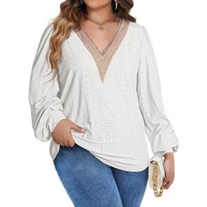 Eytino Womens Plus Size Tops Lantern Long Sleeve Lace V Neck Dressy Casual Blouse Loose Tunic Shirts(1X-5X) (White, L)