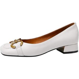 Women's Low Chunky Block Heel Pumps White Ballet Flats Slip on Square Closed Toe Thick Ballerina Heels Leather Horsebit Classic Casual Comfortable Work Ladies Dressy Flat Shoes Size 7