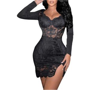 SOLY HUX Women's Lace Sheer Bodycon Mini Dresses Long Sleeve Sexy Club Night Out Party Dress (Pure Black)