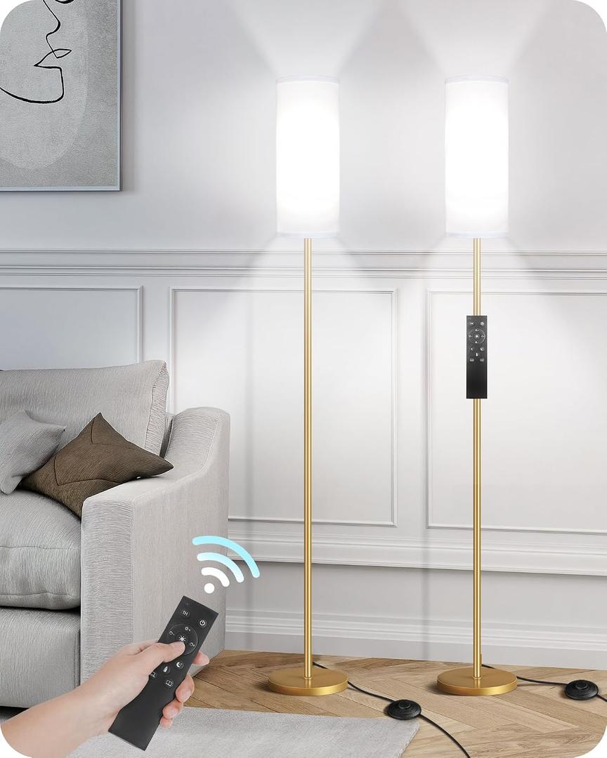 Set of 2 Dimmable Floor Lamps for Living Room with 2 Remotes and Foot Switch, 64.4Modern Standing Lamp, Corner Lamp for Bedroom, Bulb Included, 3000K-6500K, White and Gold DCW06LDP205W1