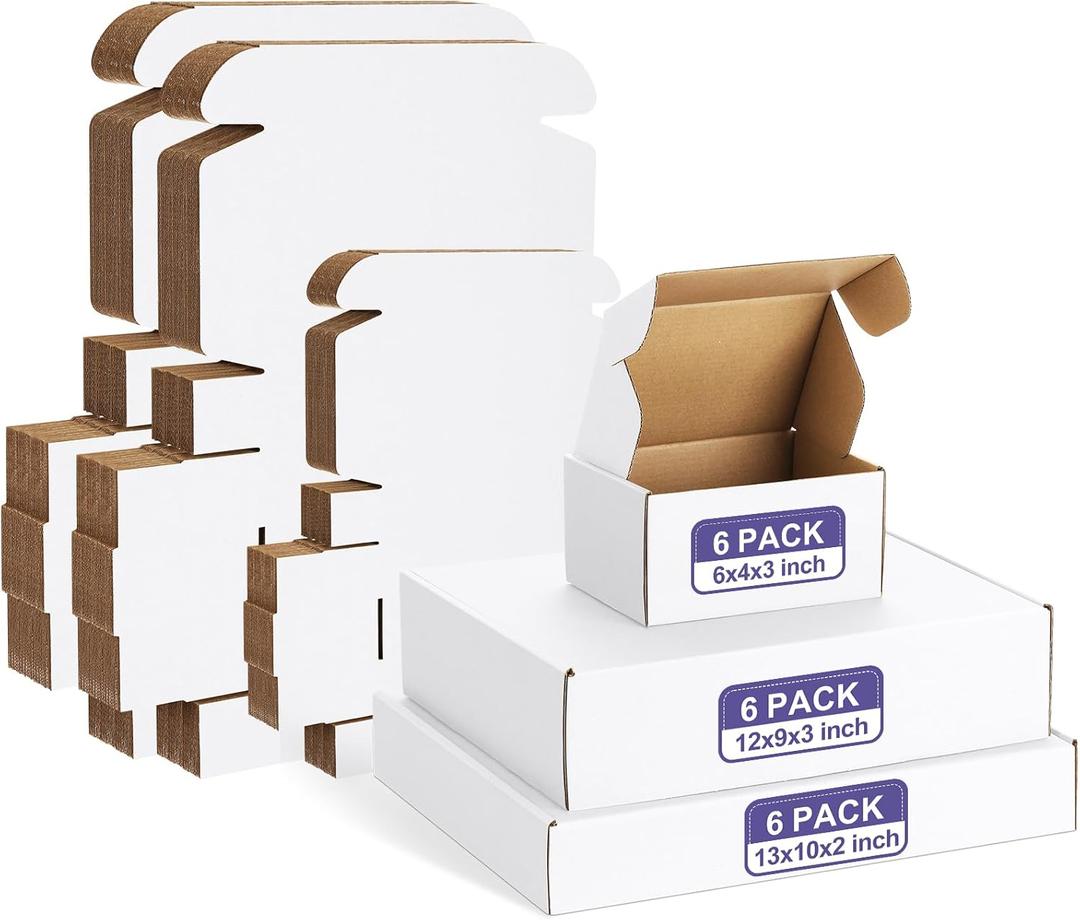 Eupako 18 Pack Small Shipping Boxes Assorted Sizes, 6x4x3, 12x9x3, 13x10x2-6 PCS Each Small Boxes, White Corrugated Box Mailers, Cardboard Boxes for Packaging Small Business, Mailing