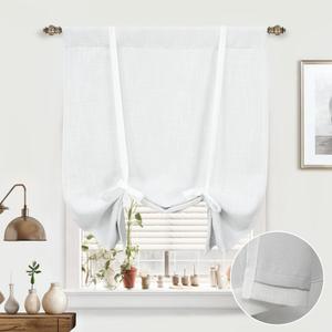 DriftAway Double Layer Linen Blackout Tie Up Curtains Thermal Insulated Fully Lined Balloon Roman Shade Bathroom Window Adjustable Rod Pocket for Small Window 39 Inch by 55 Inch White
