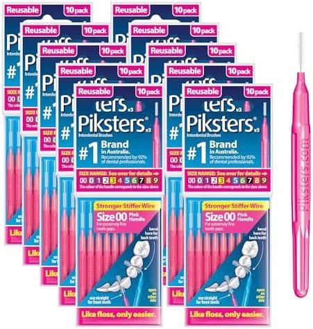 Piksters Interdental Brushes, Size 00, 80 Count (8 x 10 Packs), Interdental Tooth Brush for Extremely Tight Gaps, Gum Soft Bristles for Plaque Removal, Safe for Braces (80 pk)