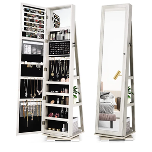 360 Rotating Jewelry Armoire Cabinet, Standing Jewelry Organizer w/Full-Length Mirror & Large Storage Space, Lockable Mirror Jewelry Cabinet for Girls Women (White)