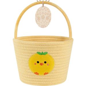 OIAHOMY Gift Basket with Handle, Personalized Baby Basket for Kids, Woven Rope Gift Empty for Toys, Baby Treasure Hunt Baskets with Wooden Card for Boys and Girls - Yellow (7.9"D x 5.9"W x 5.9"H)