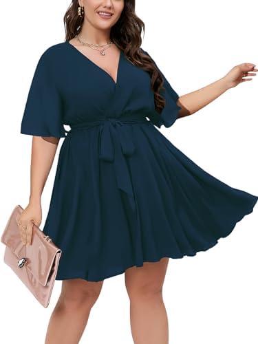 SCOMCHIC Women's Plus Size Summer Dresses Short Sleeve Wrap V Neck A Line Skater Mini Short Dress 1XL