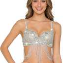 Rhinestone Bra for Women Sequin Mermaid Bra Belly Dance Beaded Sparkly Top for Rave Cabaret Party Club Silver