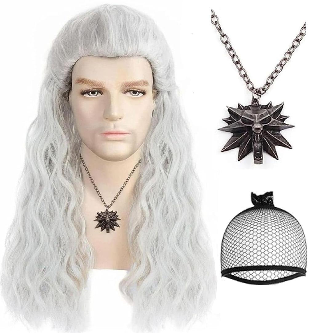 BESTBEL +Hair Cap 1 Necklace Long Curly Silver Wig Gray White Wigs with Accessories for Men Halloween Party Costume Cosplay