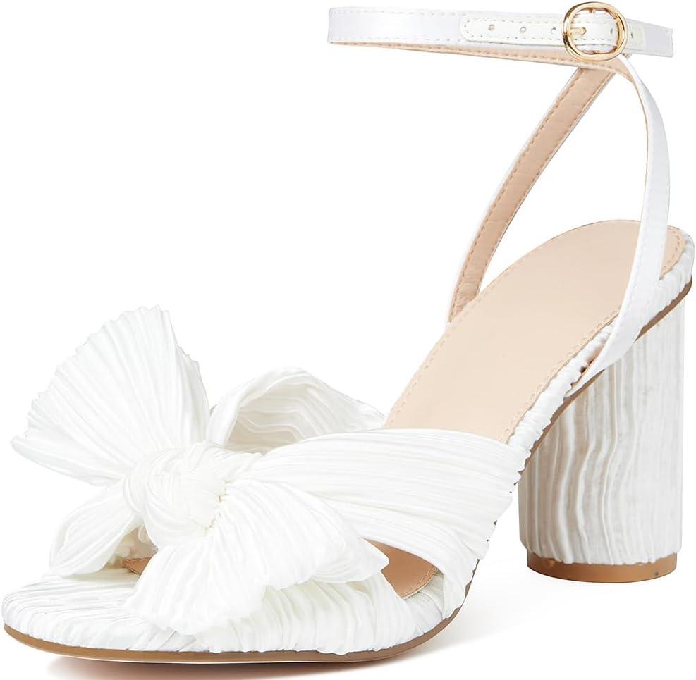Lovee Cosee Women's Bow Knot Heeled Sandals Pleated Open Toe Ankle Strap Chunky Heels for Bride Wedding (9, White)