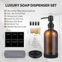 Kitchen Soap Dispenser Set with Instant Dry Tray,16 Oz Hand and Dish Soap Amber Glass Dispenser Set,Stainless Steel Pump,Waterproof Labels&Dish Brush,Luxury Soap Bottle for Kitchen,Bathroom,  Amber Bottle+black Pump