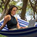 SUPERJARE Hammock with Stand, 2 Person Heavy Duty Hammock with Padded Cotton, Detachable Pillow & Strong Curved-Bar & Portable Carrying Bag, Perfect for Outdoor & Indoor, Navy Blue Stripe