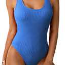 Limeeke Women One Piece Swimsuit Solid Ribbed Monokini Swimwear Scoop Neck Low Back Bathing Suit Blue S