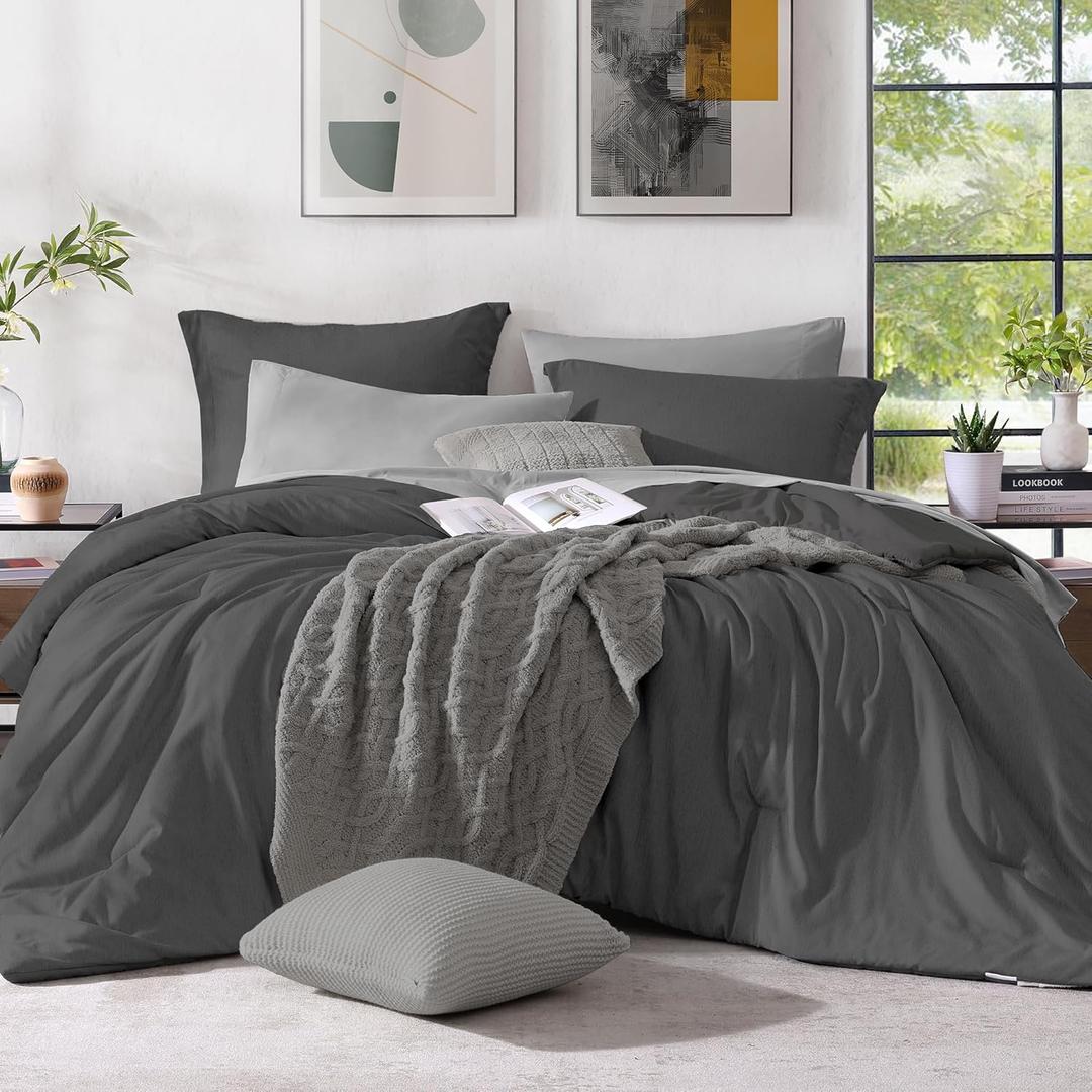 Monbix Queen Comforter Set - 7 Pieces Cationic Dyeing Dark Grey Bed in a Bag Queen Bedding Sets with Comforter, Sheets, Pillowcases & Shams, Reversible Bedding Comforters Sets