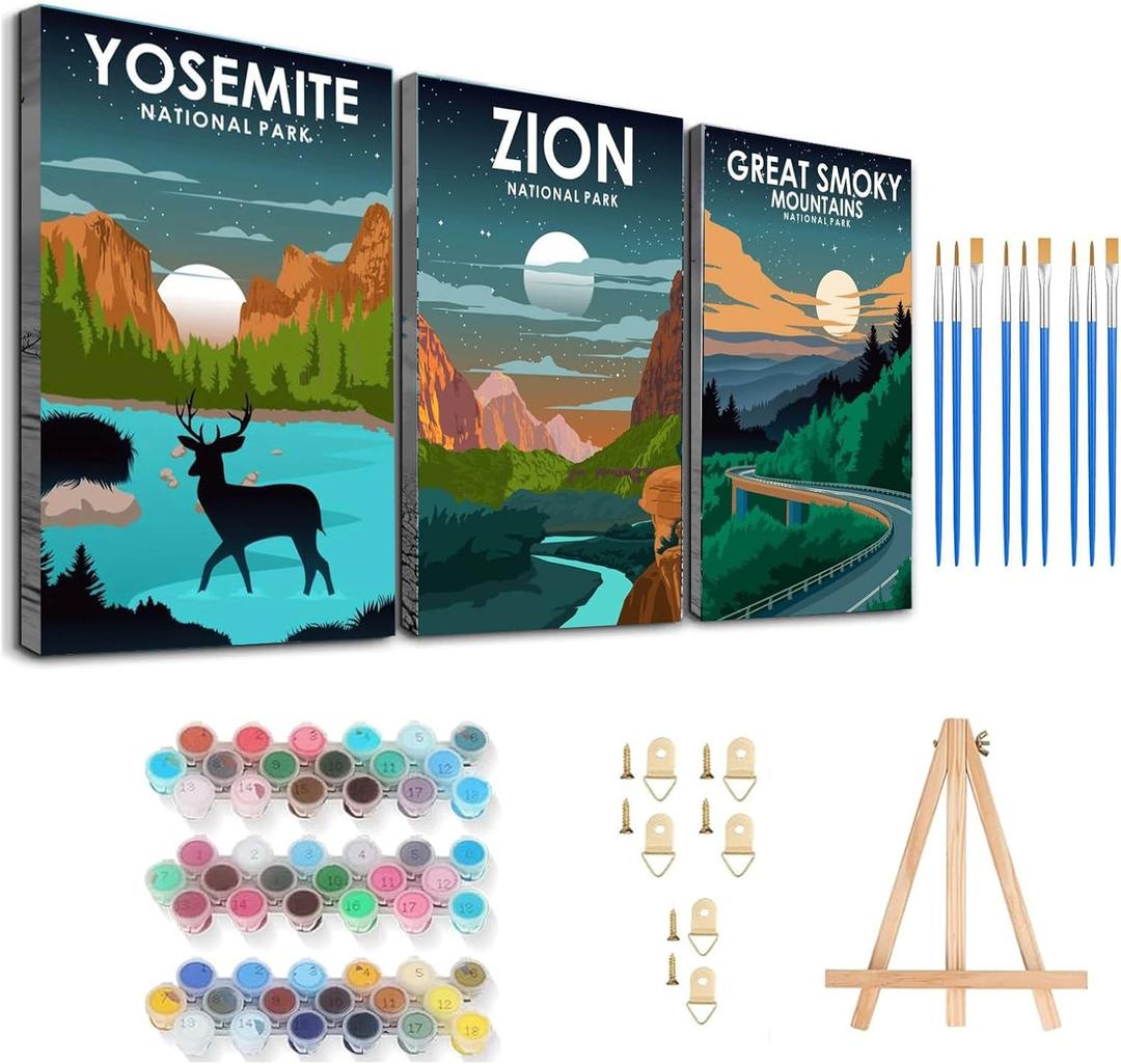 Baipisan 3 Pack Paint by Number for Adults Framed Canvas, National Park DIY Arts and Crafts for Adults Beginner with Wooden Easel, Paint Brushes, Acrylic Paint Set for Home Wall Decor, 9 * 12 Inch (DLY007)