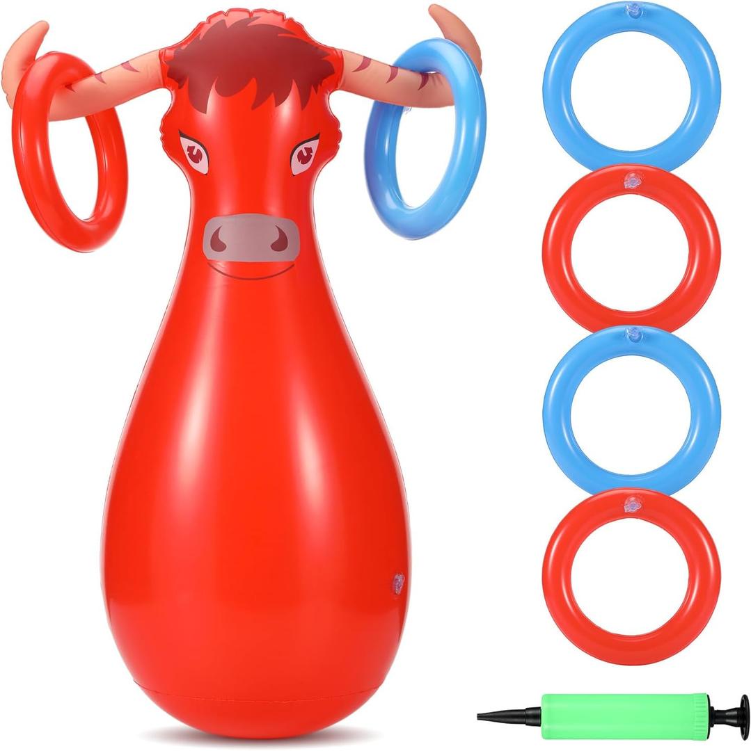 Arrowbash Inflatable Bull Ring Toss Set Include Inflatable Bull 6 Rings Farm Theme Party Supplies for Fiesta Rodeo Party Pool Beach Decoration