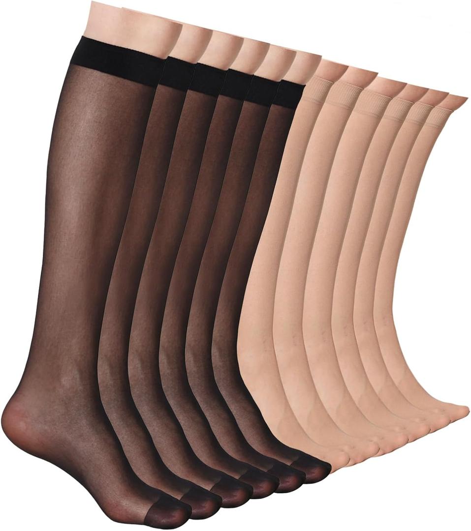 12 Pairs Knee High Stockings for Women, 20 Denier Sheer Nylon Socks for Women (One Size, 6black 6nude)