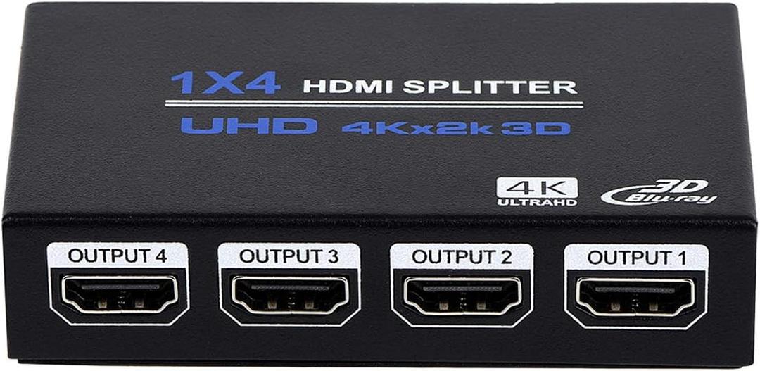 1x4 HDMI Splitter, 1 in 4 Out HDMI Splitter Audio Video Distributor Box Support 3D & 4K x 2K Compatible for HDTV, STB, DVD, PS3, Projector Etc, Duplicate/Mirror Screen Only (Not Extend)