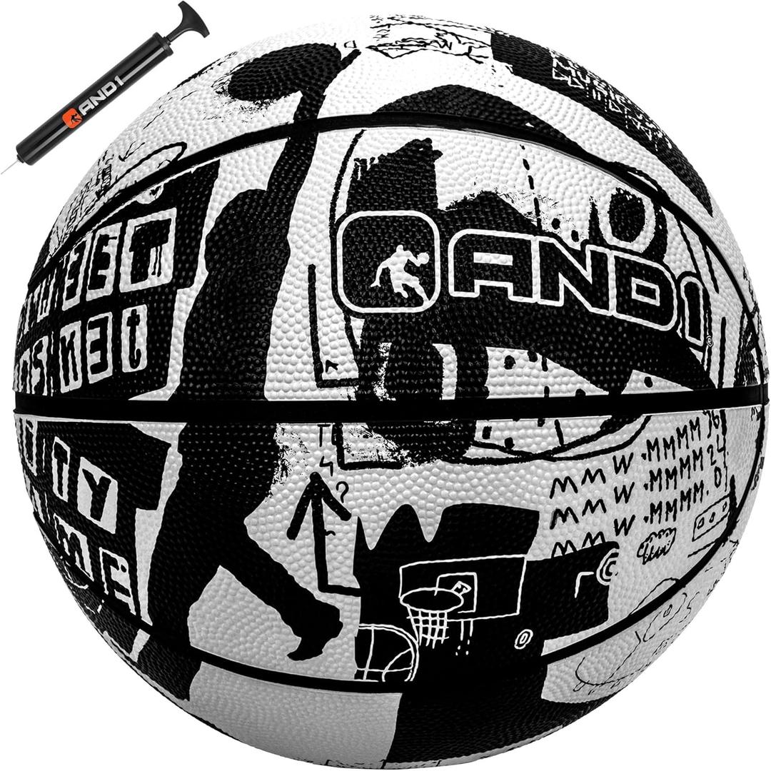 AND1 Street Art 27.5 Basketball : Youth Sized Rubber Streetball for Indoor and Outdoor Use, Deep Channel Construction and Durability, Ideal for Boys and Girls Ages 9-11, Includes 10 Pump (White)