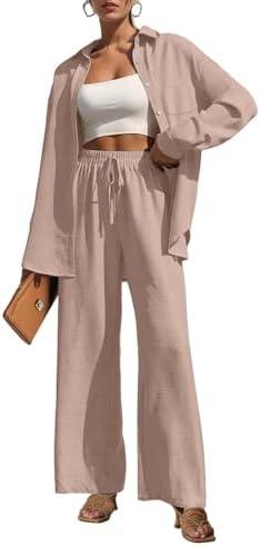 Lepunuo 2 Piece Outfits for Women Casual Lounge Sets Long Sleeve Button Down Shirts and Wide Leg Pants Sets Tracksuit, M