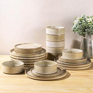 AmorArc Ceramic Dinnerware Sets, Handmade Reactive Glaze Stoneware Plates and Bowls Sets,Highly Chip and Crack Resistant | Dishwasher & Microwave Safe Dishes Set, Service for 8 (24pc),  Cappuccino, Service for 8