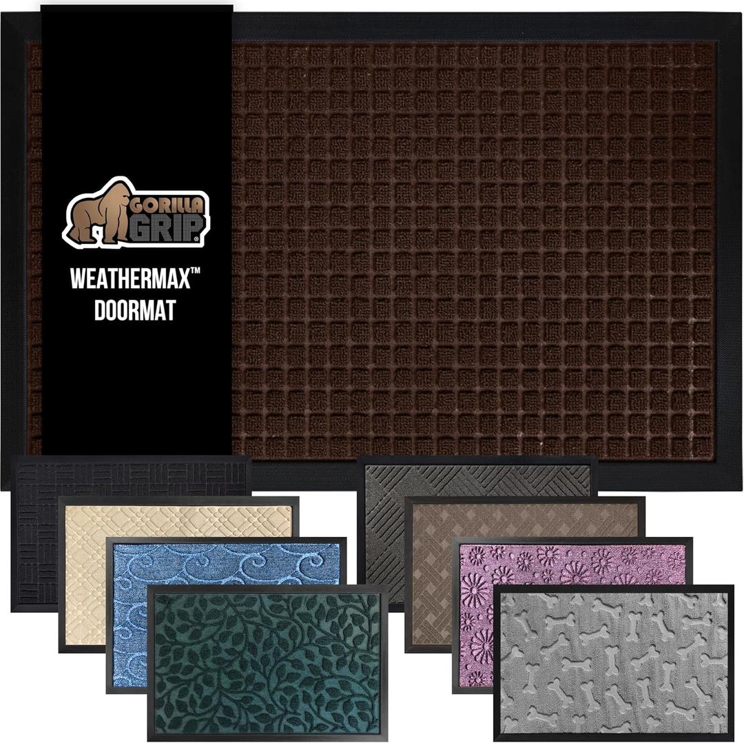 GORILLA GRIP 100% Waterproof All-Season WeatherMAX Doormat 35x23, US Designed Natural Rubber, Stain and Fade Resistant, Low Profile Indoor Outdoor Door Mats, Easy Clean Patio Mat, Coffee Squares