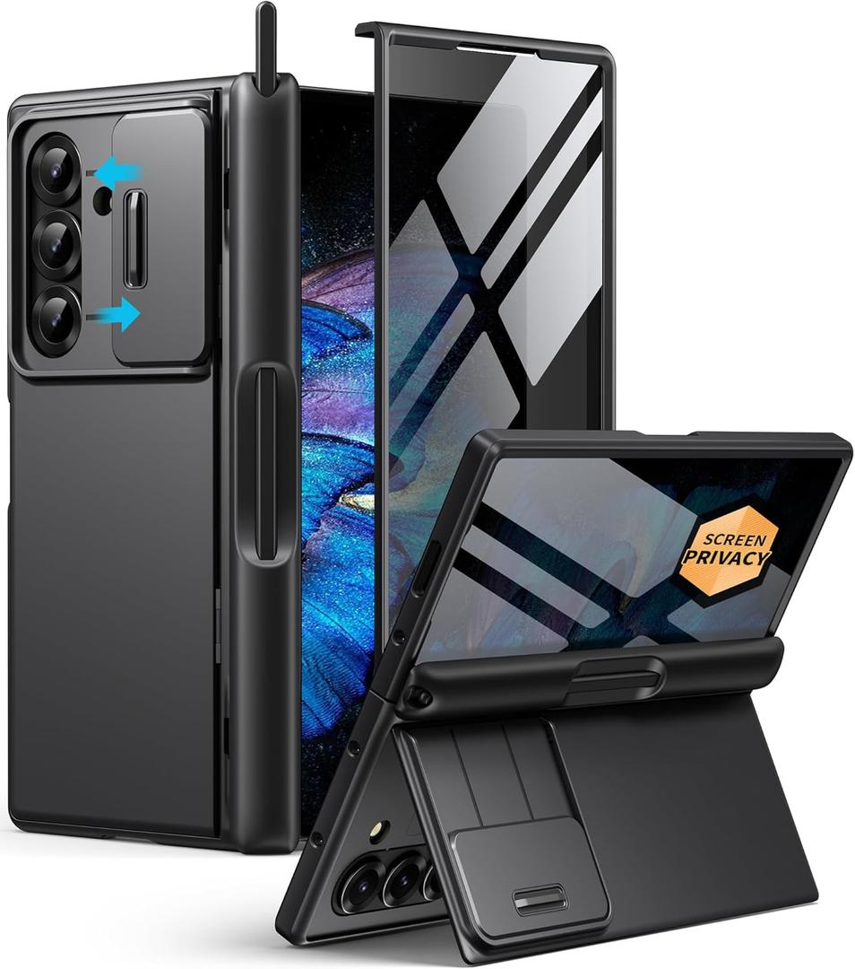 BERFY for Z Fold 7 Case with Stylus and Pen Holder, [Anti Spy] Hidden Kickstand & Slide Camera Cover & Hinge Protective, Full Body Shockproof Slim Hard Phone Case for Samsung Galaxy Z Fold 7, Black