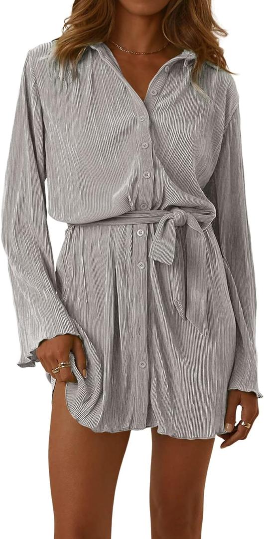 LYANER Women's Collar V Neck Button Down Pleated Long Sleeve Mini Shirt Dress with Belt