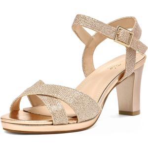 DREAM PAIRS Women's Chunky Heels Open Toe Ankle Strap Sparkly Heels Pump Sandals (9, Champagne/Glitter)