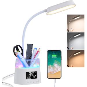 WILIT LED Desk Lamps for Home Office with Pen Holder, Table Lamp for Bedroom with USB Charging Port & Clock, RGB Night Light, Study Lamp for Kids Student, Desk Lamp for College Dorm Room Essentials (White)