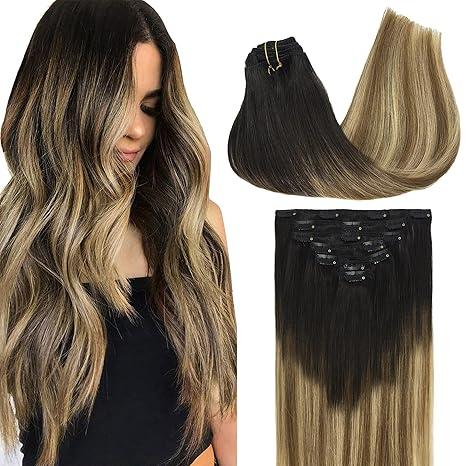 GOO GOO Clip in Hair Extensions Real Human Hair, Remy Human Hair Extensions Clip ins for Women, Natural Human Hair, 18inch 120g 7Pcs, 4D/14/5B Brunette Balayage