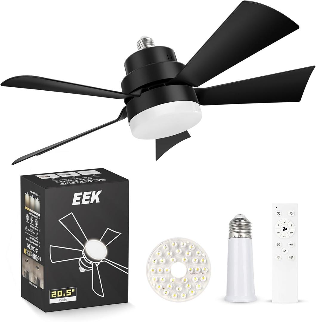 EEK Socket Fan Light with Ultra Quiet Design, 20.5 Ceiling Fans with LED Lights and Remote,Screw in Fan Light for E26/E27,3Speeds 3Colors 3000-6500K,1200 (Black)
